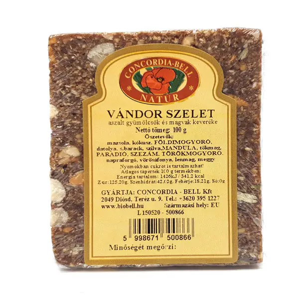 Vándorszelet (Aszalt gyümölcsök és olajos magvak keveréke préselve és szeletelve) 100 g